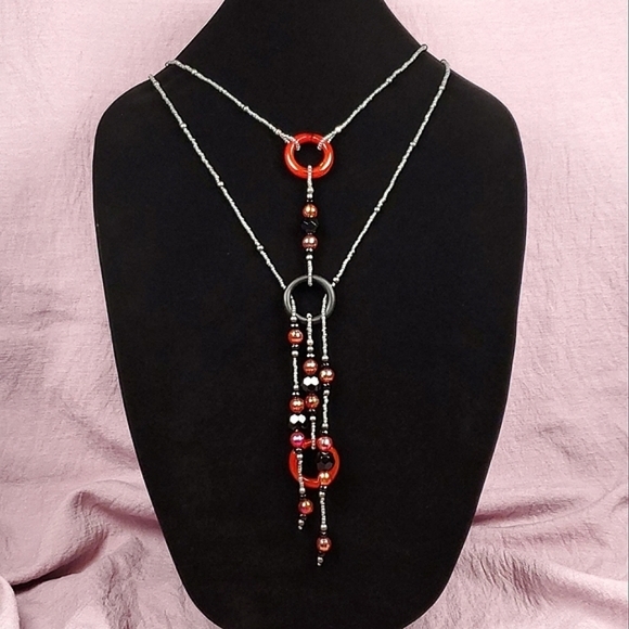 Beaded Lariat Necklace Red and Gray Beaded Choker Necklace Beaded Long Necklace - Picture 4 of 10